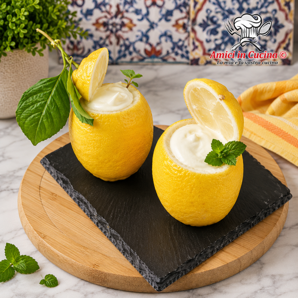 Gelato al limone senza gelatiera servito nelle scorze di limone
