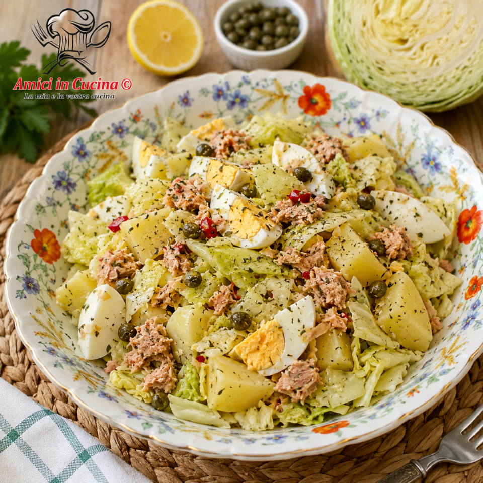 Insalata di cappuccio con tonno uova sode patate e capperi