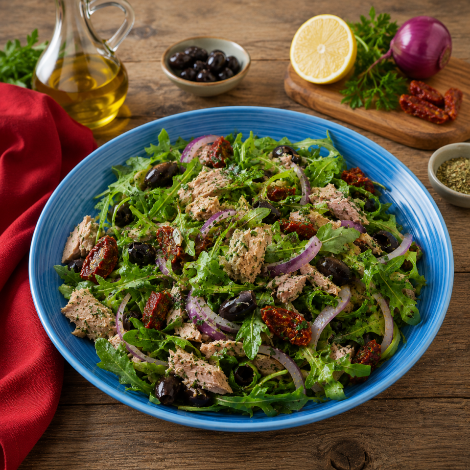 Insalata mediterranea con tonno pomodori secchi e olive nere