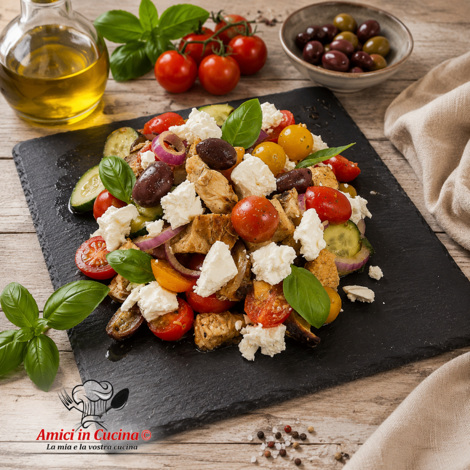 Insalata di pollo alla greca con feta e olive