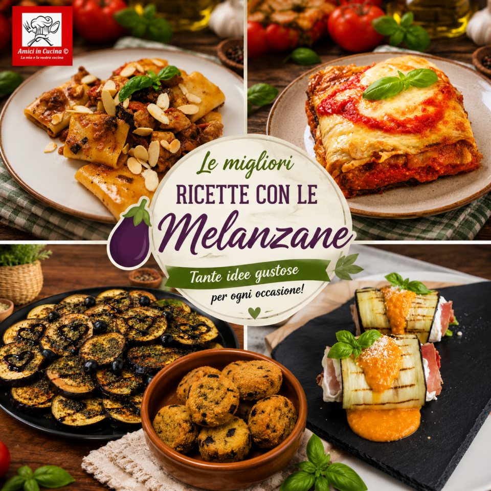 Collage con le migliori ricette con le melanzane: paccheri con pesce spada, parmigiana di melanzane, involtini, melanzane grigliate e polpette di melanzane.