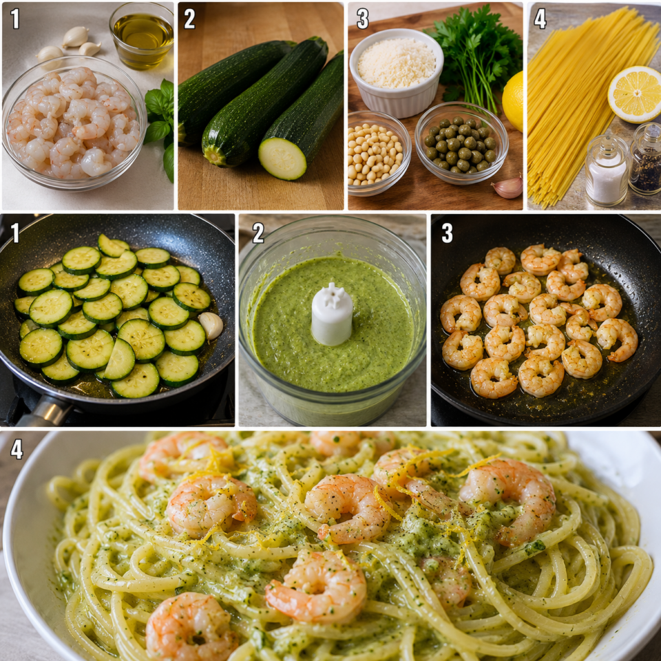 Linguine con gamberi e crema di zucchine cremosa