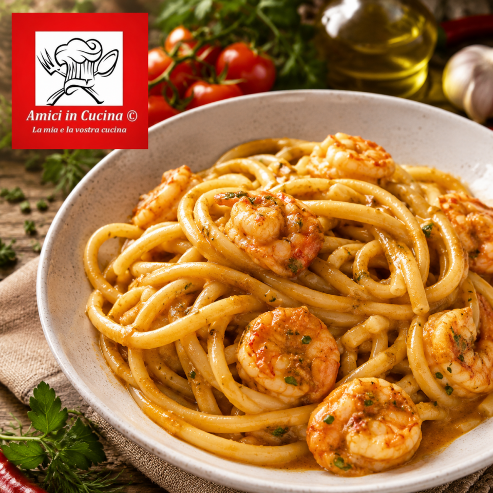 Linguine al gambero rosso servite con pomodorini e prezzemolo fresco