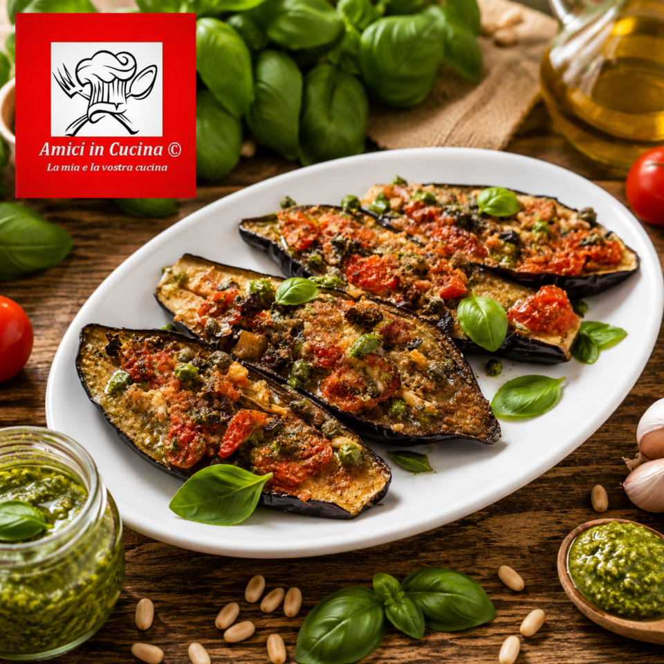 Melanzane a barchetta al forno con pomodorini capperi pinoli e pecorino