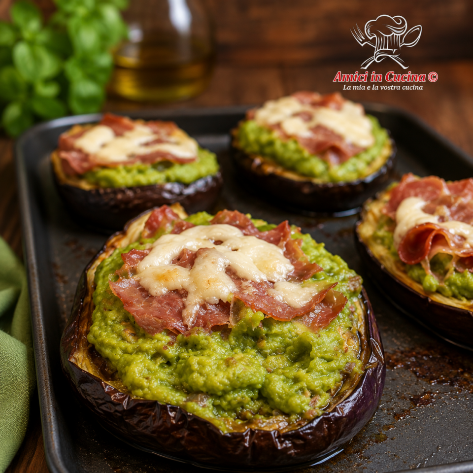Melanzane Gratinate con Prosciutto San Daniele, asparagi e formaggi