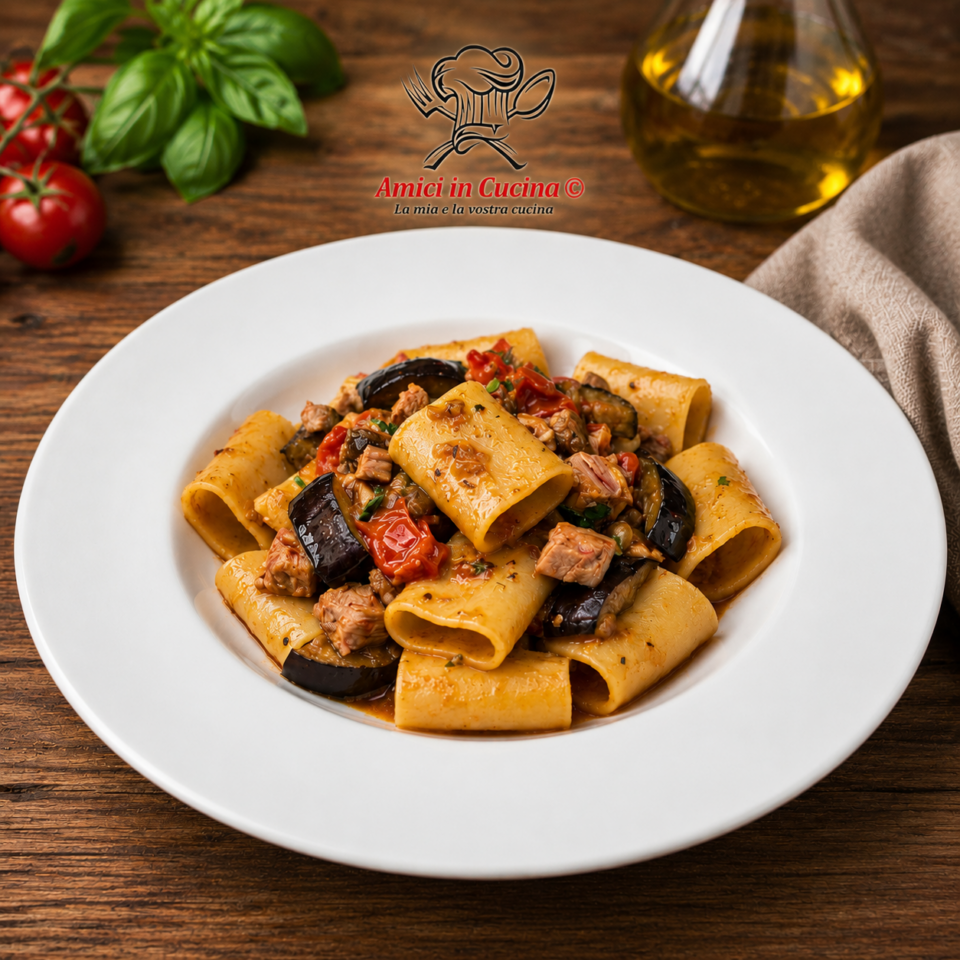 Paccheri con tonno, melanzane e pomodorini