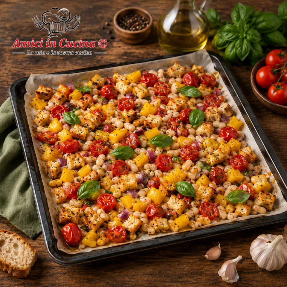 Panzanella croccante al forno con cannellini, pomodorini e peperoni