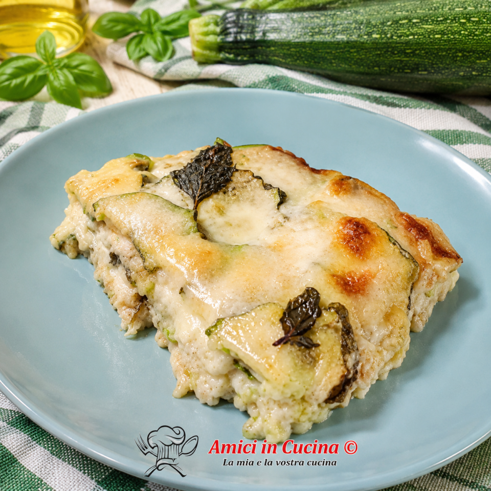 Parmigiana bianca di zucchine con besciamella, provola e prosciutto cotto appena sfornata