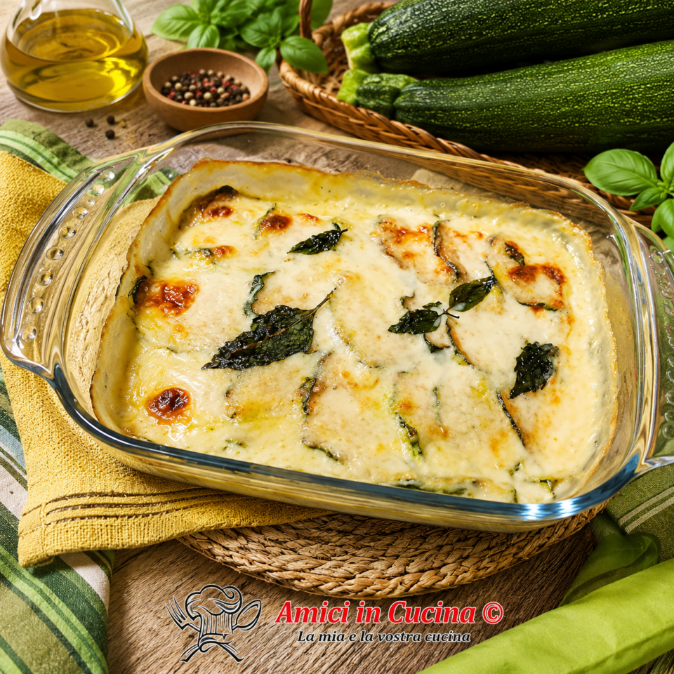 Parmigiana bianca di zucchine con besciamella, provola e prosciutto cotto appena sfornata