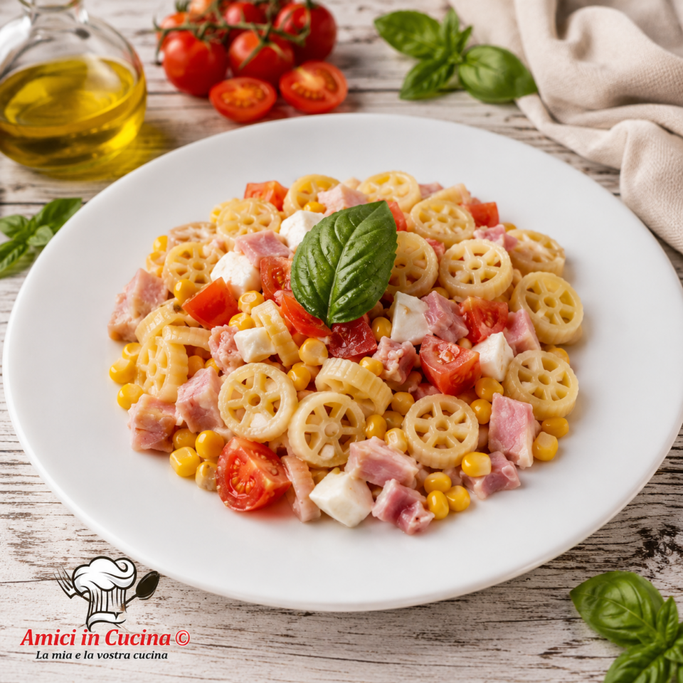 Pasta fredda all'insalata con mozzarella prosciutto würstel e mais