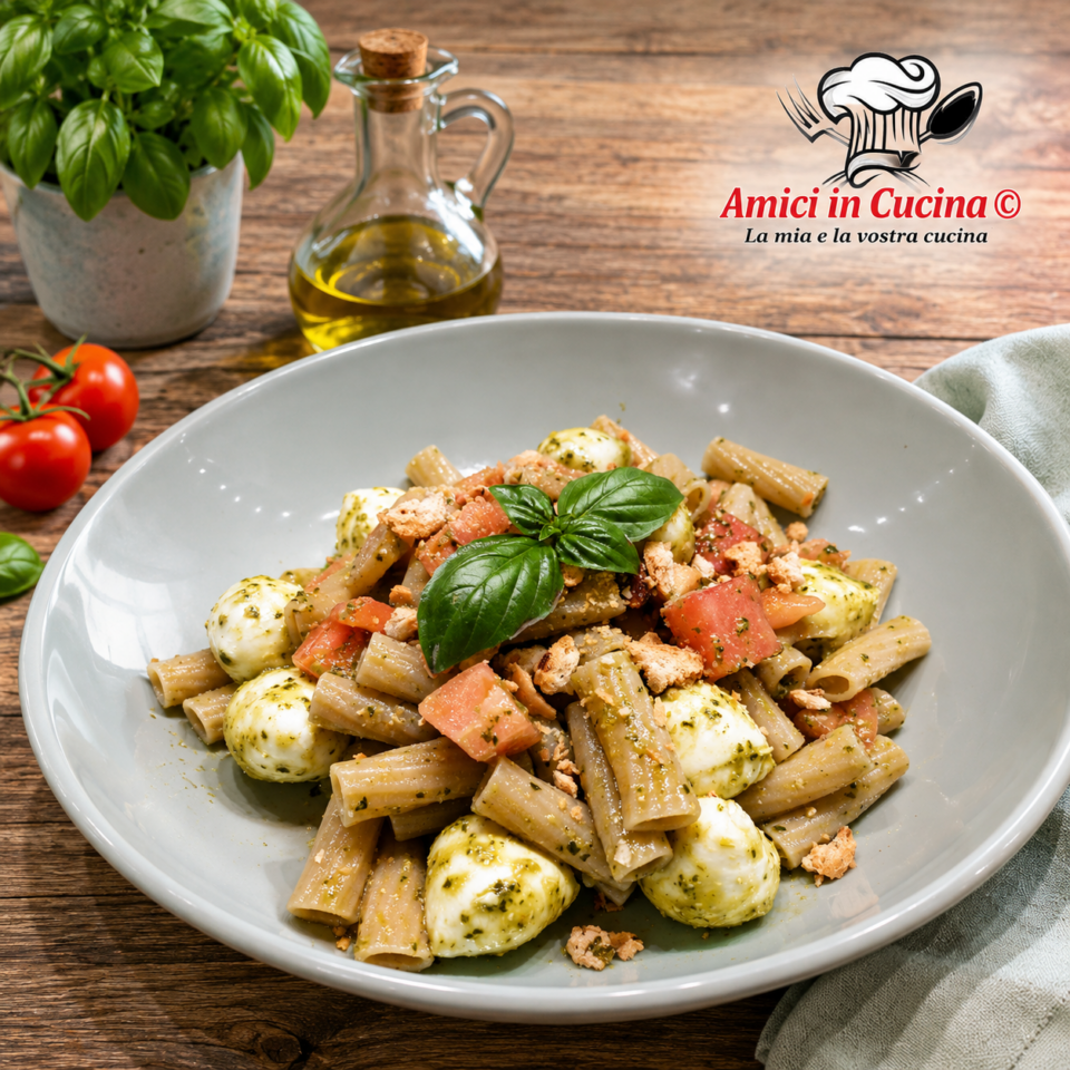 pasta fredda con mozzarella pesto e pomodoro cuore di bue