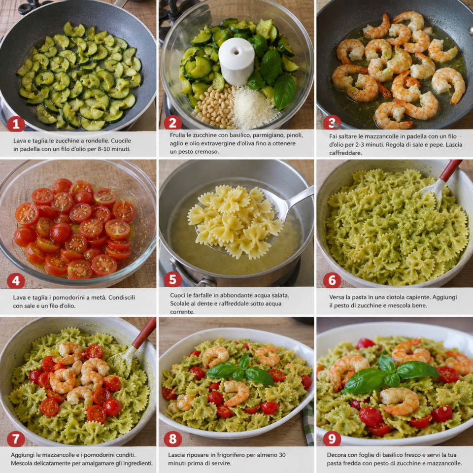Pasta fredda con pesto di zucchine mazzancolle e pomodorini