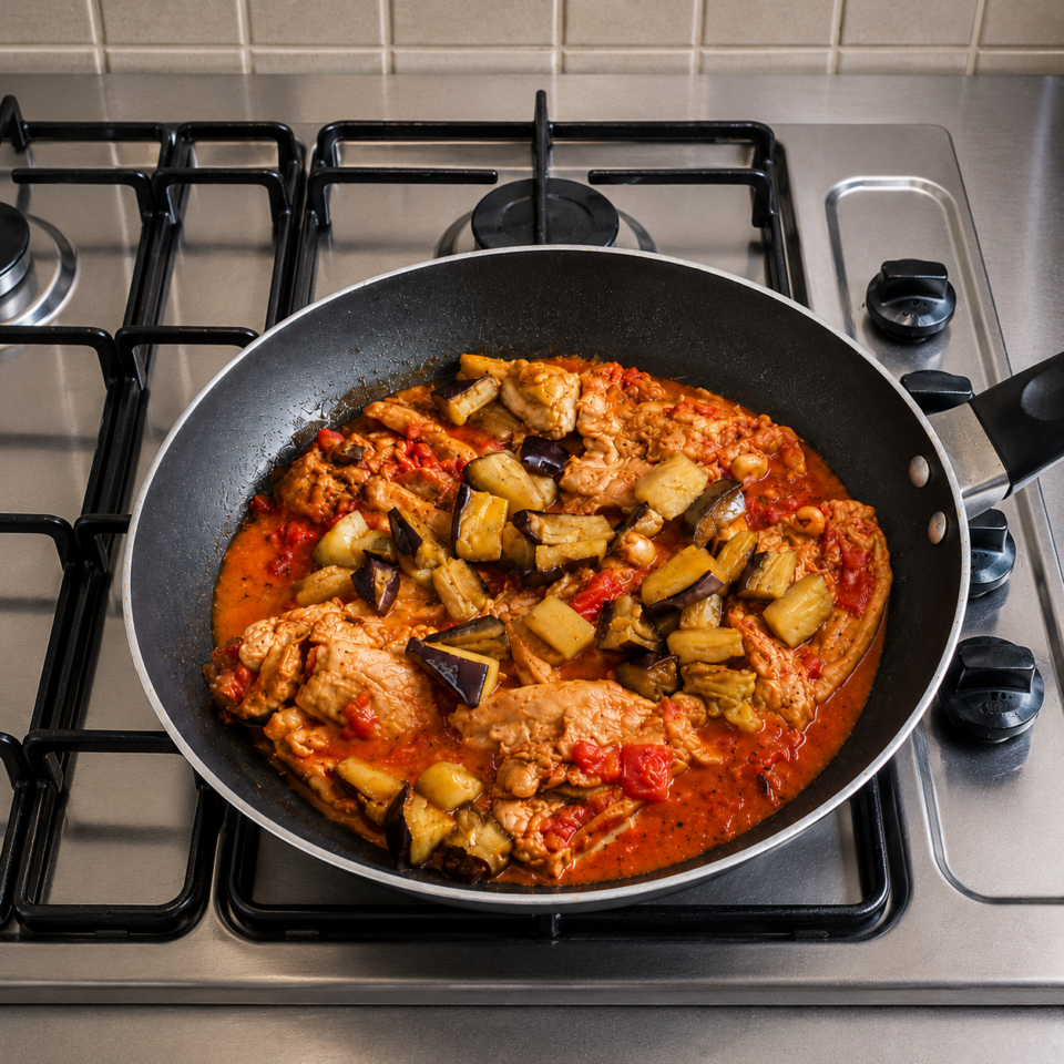Sovracosce di pollo e melanzane al sugo con pomodoro e origano