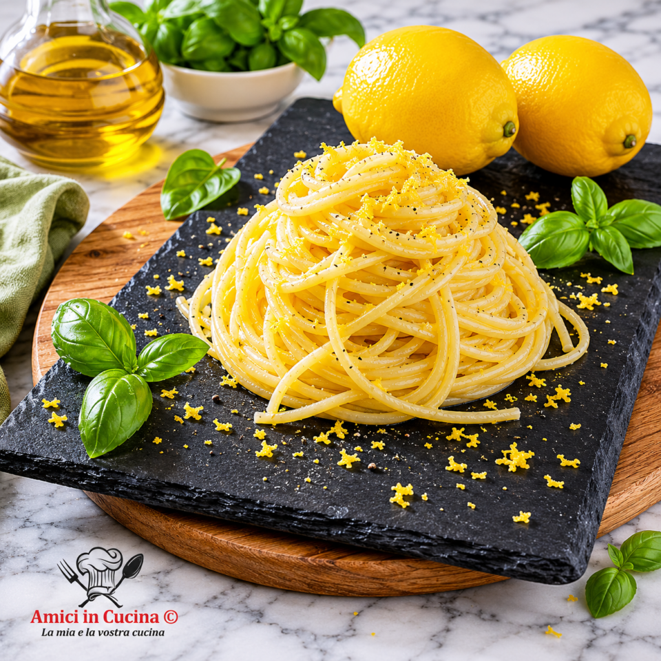 Spaghetti alla crema di limone cremosa con basilico fresco
