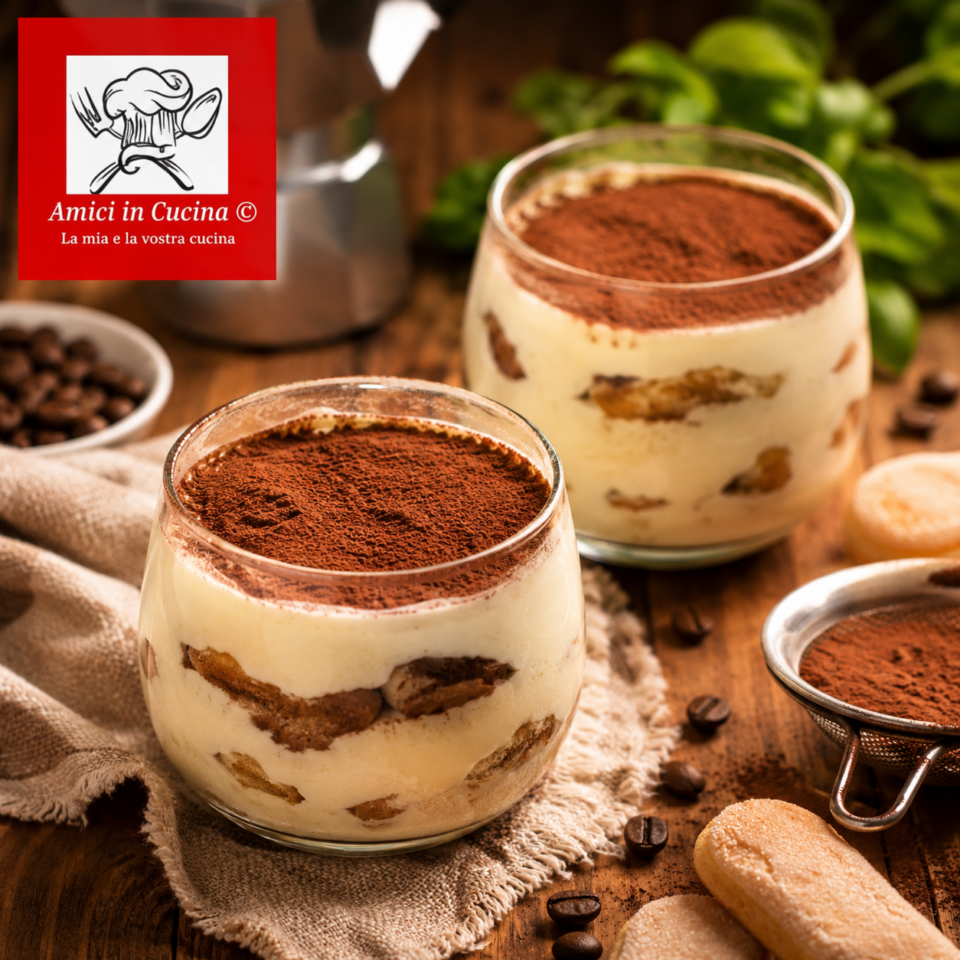 Tiramisù al bicchiere con crema al mascarpone e cacao amaro