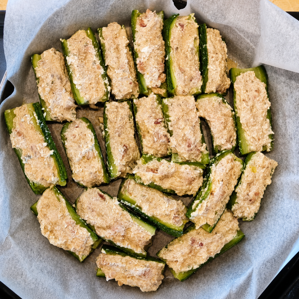 Zucchine ripiene con ricotta pomodori secchi scamorza affumicata e prosciutto cotto