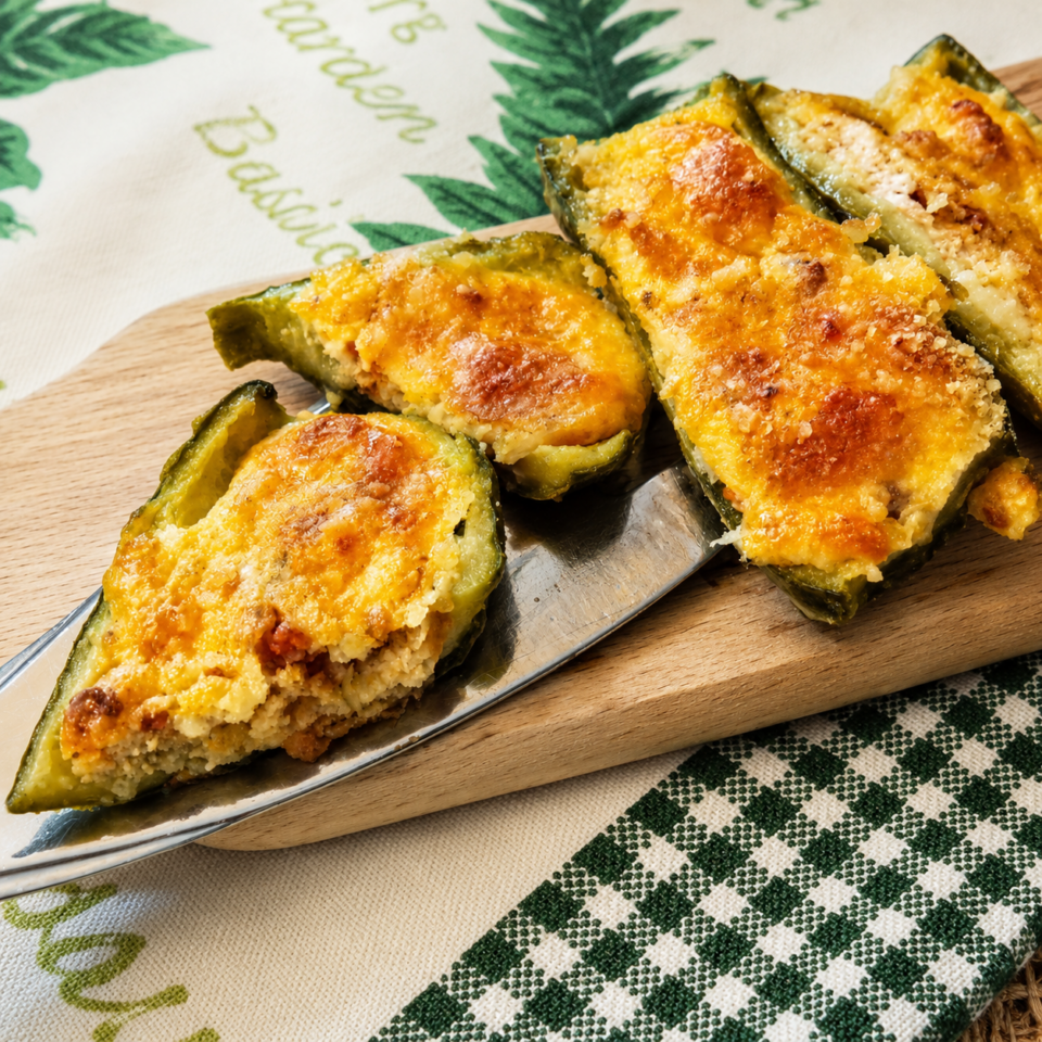 Zucchine ripiene con ricotta pomodori secchi scamorza affumicata e prosciutto cotto