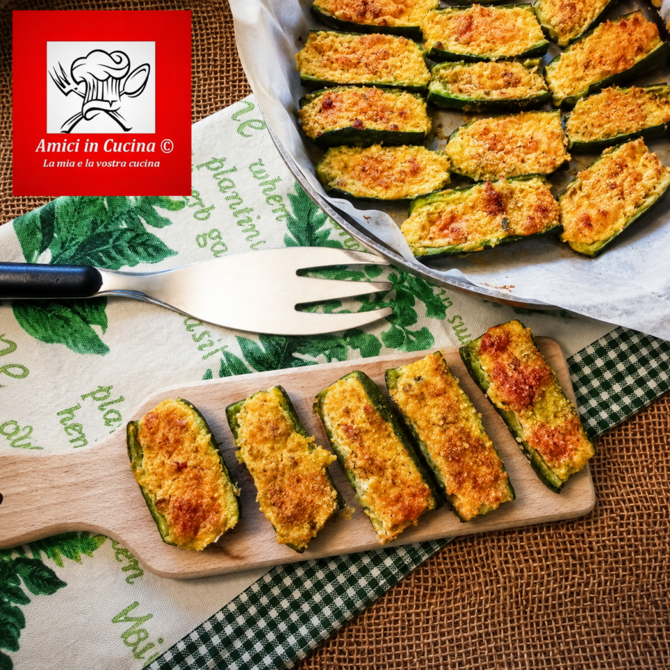 Zucchine ripiene con ricotta pomodori secchi scamorza affumicata e prosciutto cotto