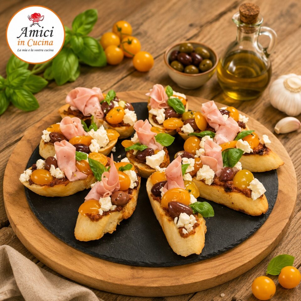 Bruschettine estive con pane tostato, crema di pomodori secchi, mortadella, feta, pomodorini gialli, olive nere e basilico fresco.