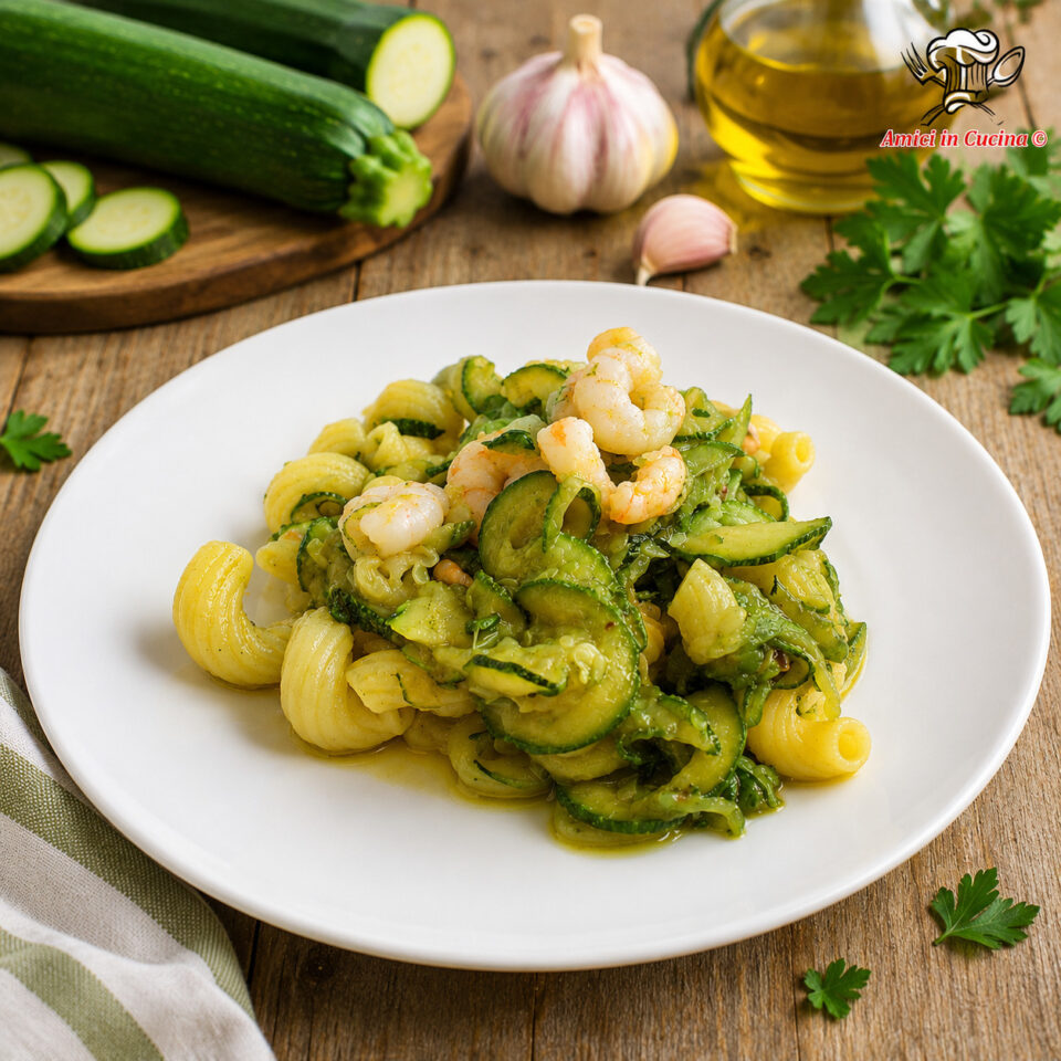 Cellentani con zucchine e gamberetti, primo piatto cremoso preparato con zucchine fresche, gamberi e prezzemolo.
