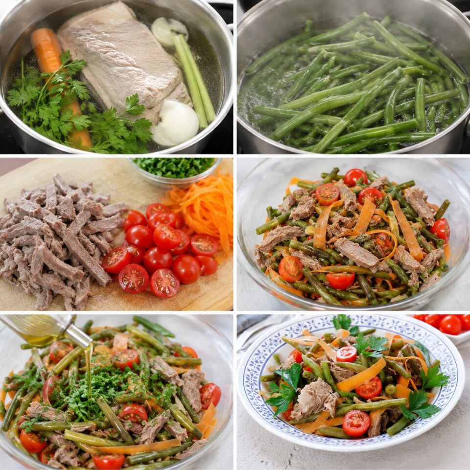 Collage con tutte le fasi della preparazione dell'Insalata di Scottona con Fagiolini: bollitura della carne, cottura dei fagiolini, taglio delle verdure e assemblaggio finale.