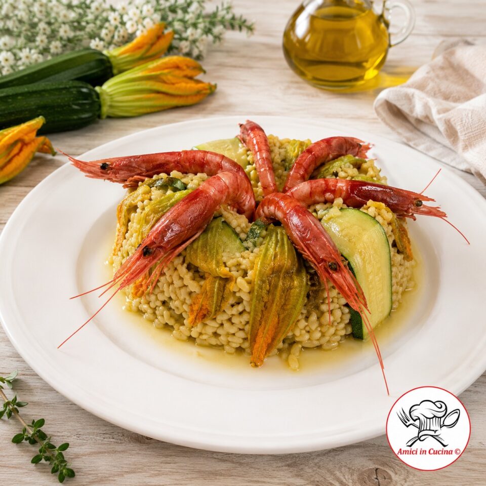 Corona di Orzo Perlato con Gamberi, Fiori di Zucca e Zucchine servita su piatto da portata. Un primo piatto estivo elegante con gamberi, zucchine e fiori di zucca.