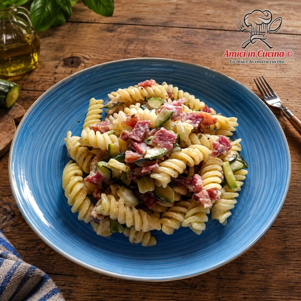Fusilli con salame, zucchine e robiola, primo piatto cremoso e veloce preparato con ingredienti semplici.