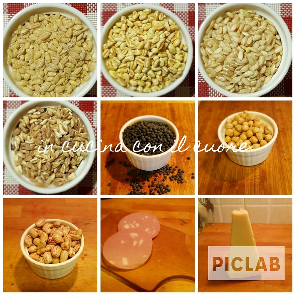 Ingredienti per preparare l'insalata di cereali e legumi con farro, orzo, grano, riso integrale, ceci, fagioli, lenticchie, mortadella e parmigiano.