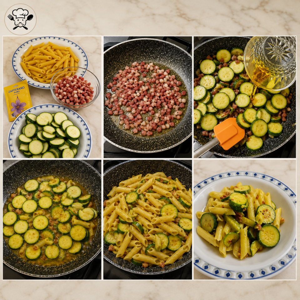 Collage con tutte le fasi della preparazione delle Penne con Zucchine, Zafferano e Speck, dalla rosolatura dello speck alla mantecatura finale della pasta.