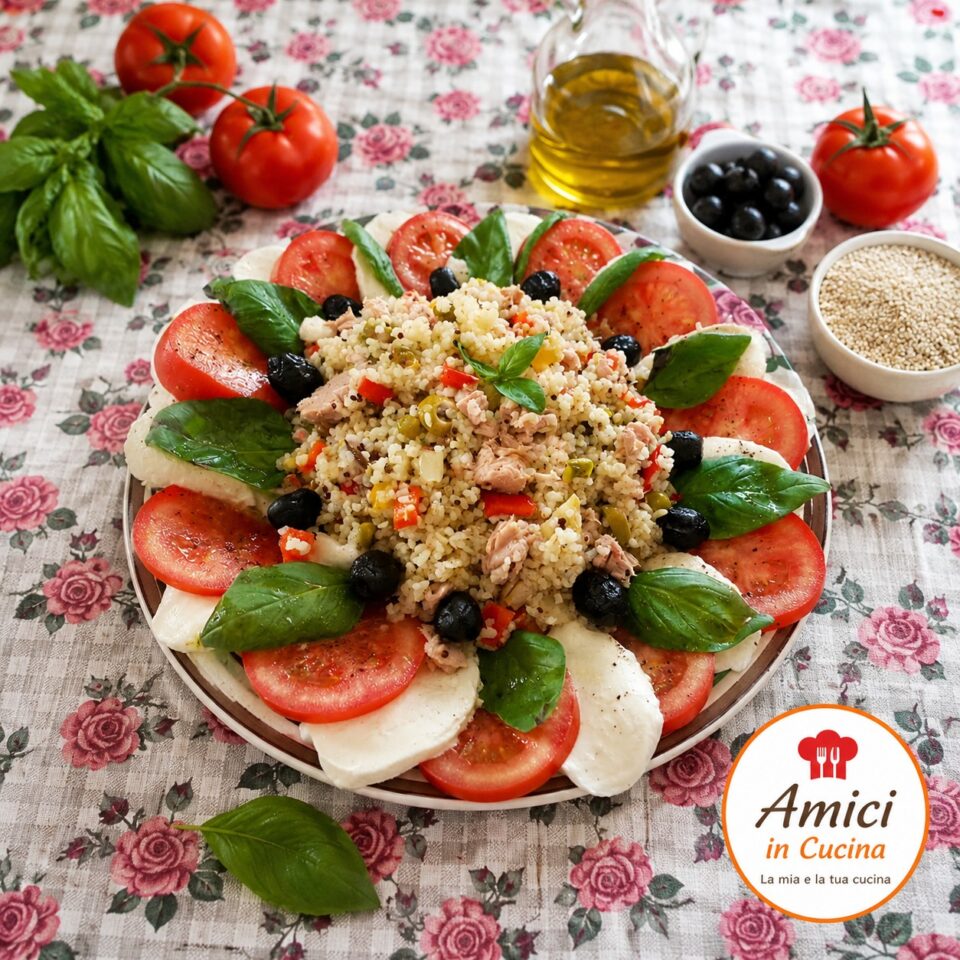 Insalata di quinoa e bulgur con tonno, verdure, mozzarella, pomodori, basilico e olive nere servita su letto di Caprese.