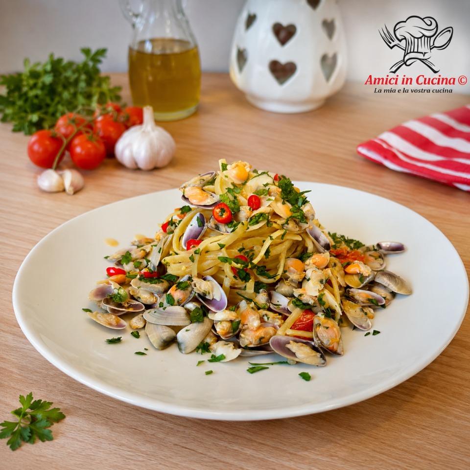 Linguine con telline e pomodorini datterini, primo piatto di mare facile e veloce.