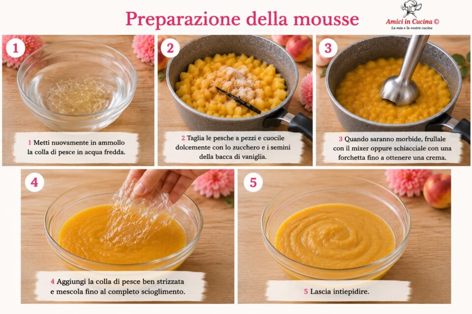 Montaggio della mousse del Semifreddo alle Pesche Sciroppate Monoporzione con panna montata, yogurt greco e purea di pesche.