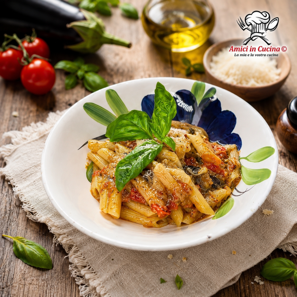 Penne rigate con crema di melanzane, pomodorini, Parmigiano Reggiano e basilico fresco, un primo piatto cremoso e facile.