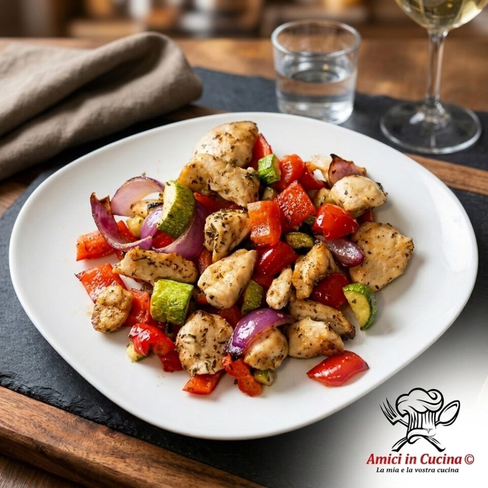 Piatto di pollo con zucchine, peperoni e cipolla rossa cotto in friggitrice ad aria - Amici in Cucina