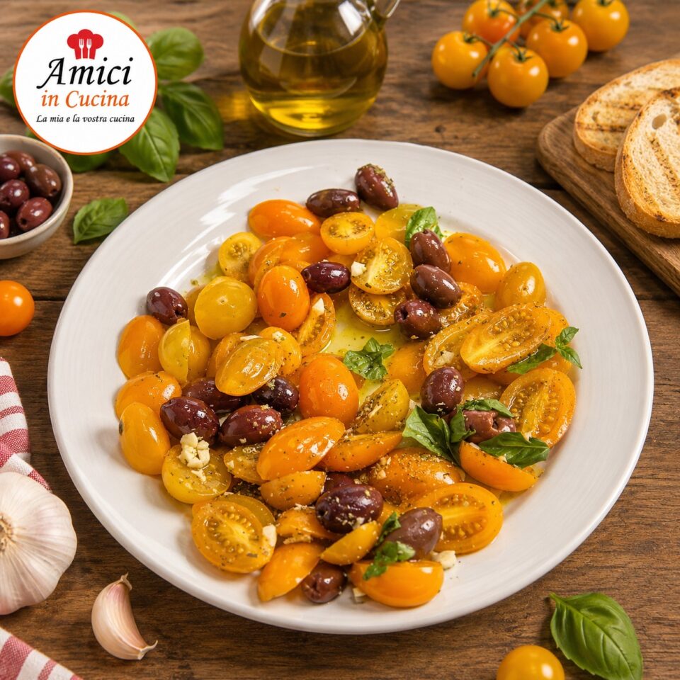 Pomodorini gialli con olive nere, basilico, aglio e olio extravergine pronti per farcire le bruschettine.