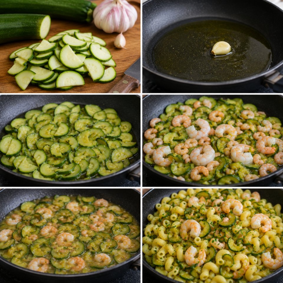 Collage fotografico con le principali fasi della preparazione dei Cellentani con Zucchine e Gamberetti: taglio delle zucchine, cottura del condimento, sfumatura con vino bianco, mantecatura della pasta e impiattamento.