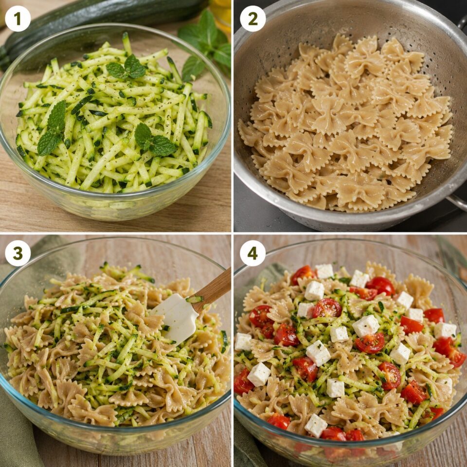 Procedimento passo passo della pasta fredda con zucchine, feta e pomodorini.