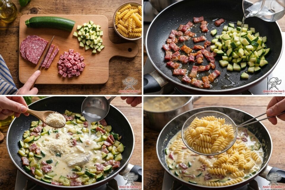Collage con tutte le fasi della preparazione dei fusilli con salame, zucchine e robiola.