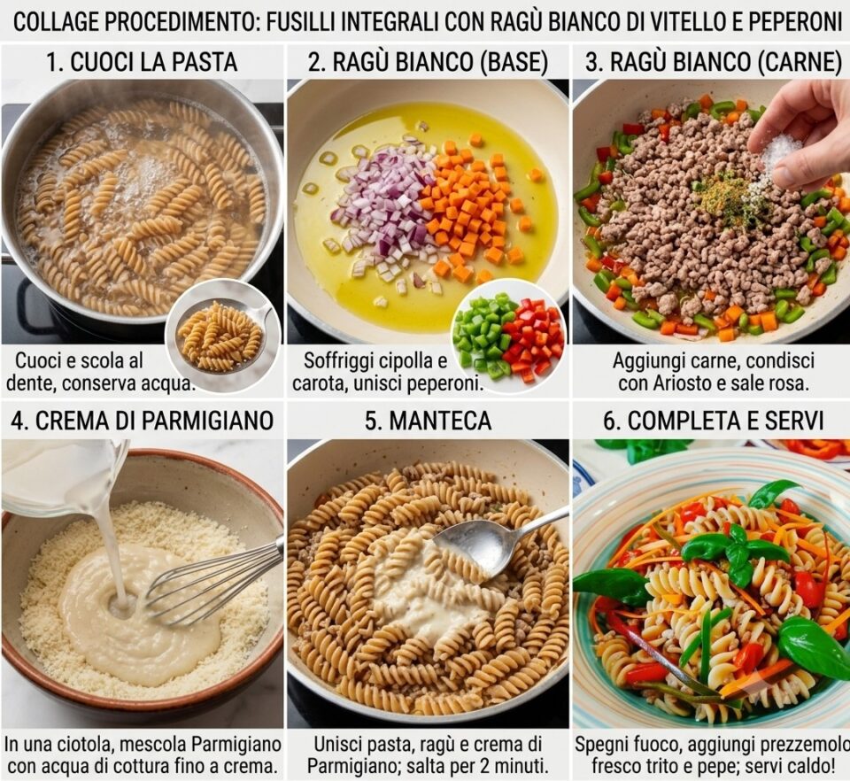 Collage con tutti i passaggi della preparazione dei fusilli integrali con ragù bianco di vitello.