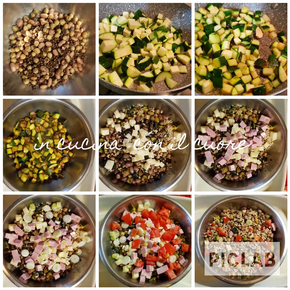 Preparazione passo passo dell'insalata di cereali e legumi con cottura dei cereali, delle zucchine e assemblaggio degli ingredienti.
