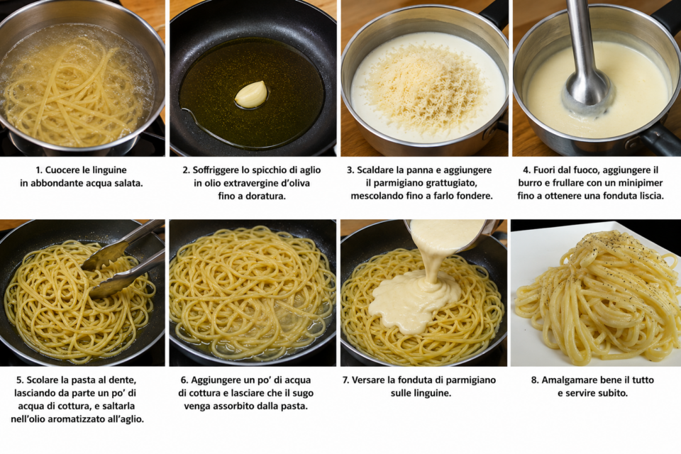Procedimento passo dopo passo per preparare le linguine aglio, olio e fonduta di Parmigiano, dalla cottura della pasta alla mantecatura con la crema di Parmigiano.