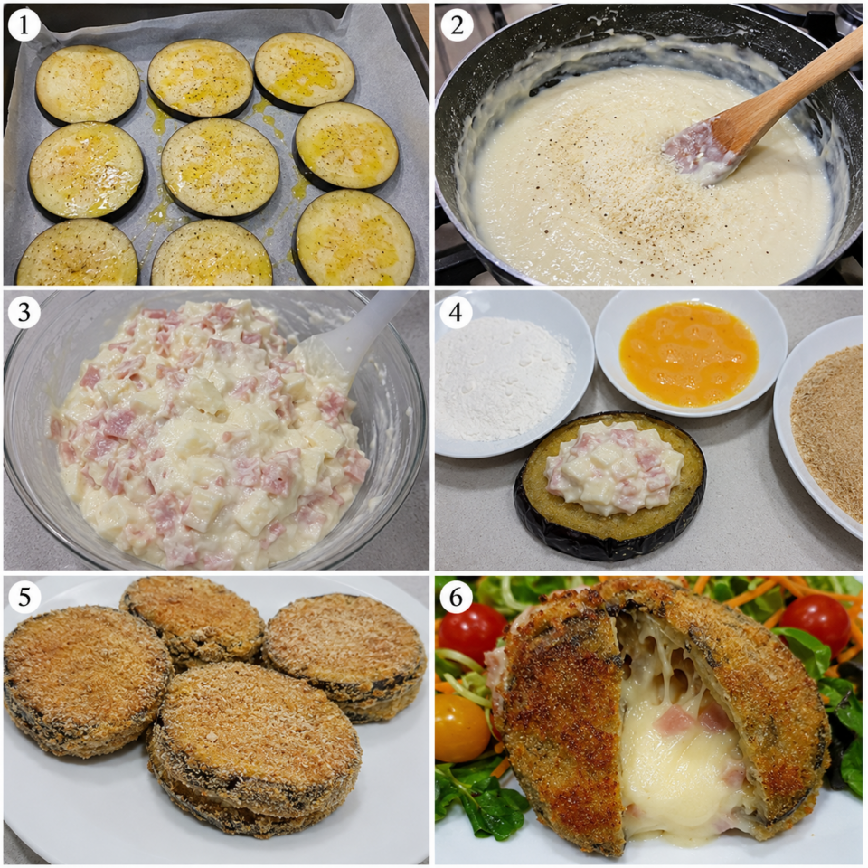 Collage con tutte le fasi della preparazione dei Panzerotti di Melanzane Tunisine: cottura delle melanzane, preparazione della besciamella, farcitura, panatura e frittura.
