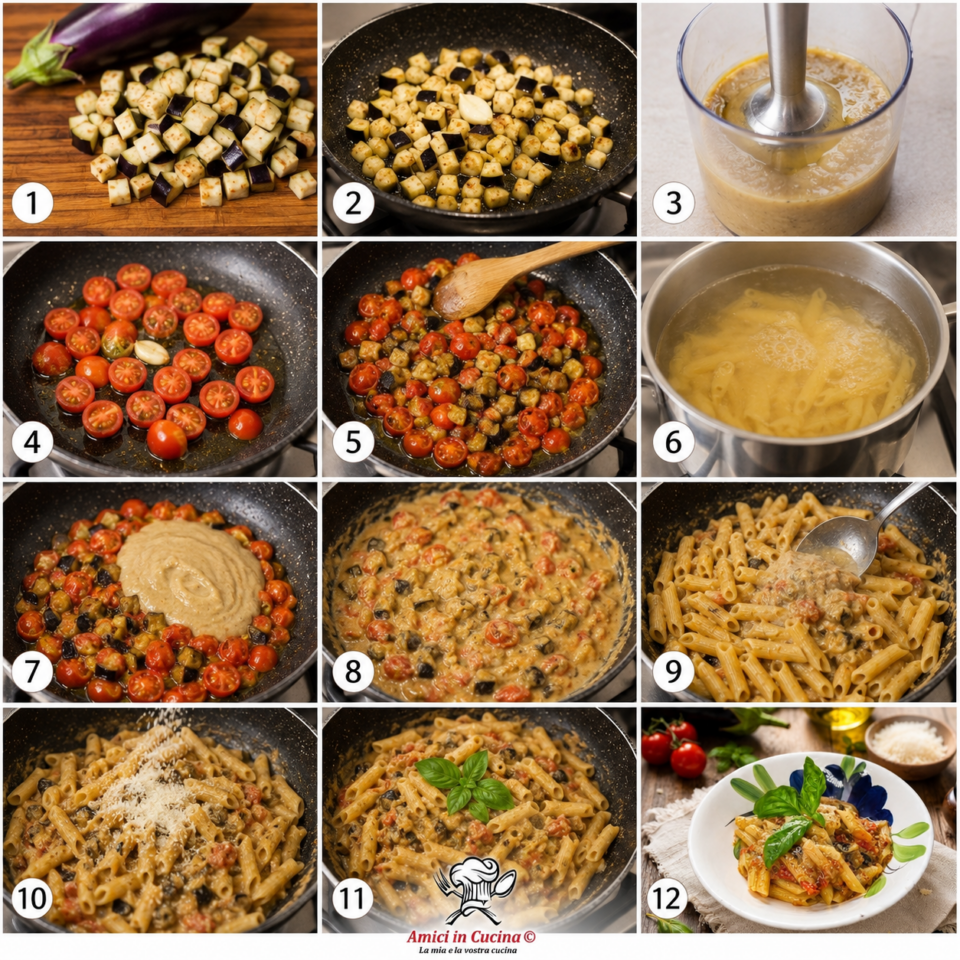 Collage fotografico con tutte le fasi della preparazione delle Penne Rigate con Crema di Melanzane, dalla cottura delle melanzane alla mantecatura della pasta.