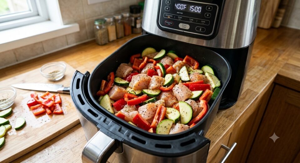 Pezzi di pollo e verdure condite nel cestello della friggitrice ad aria prima della cottura
