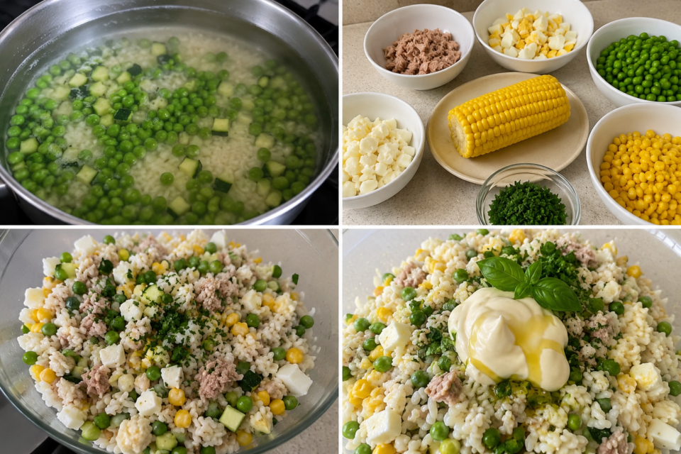Collage con le quattro fasi della preparazione del Riso Freddo con Tonno, Formaggio Cremoso, Piselli, Mais Fresco, Uova e Zucchine, dalla cottura del riso fino all'assemblaggio finale.