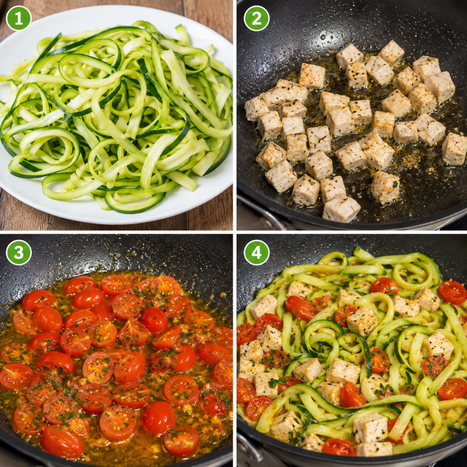 Procedimento fotografico per preparare le tagliatelle di zucchine con pesce spada e pomodorini in quattro semplici passaggi.
