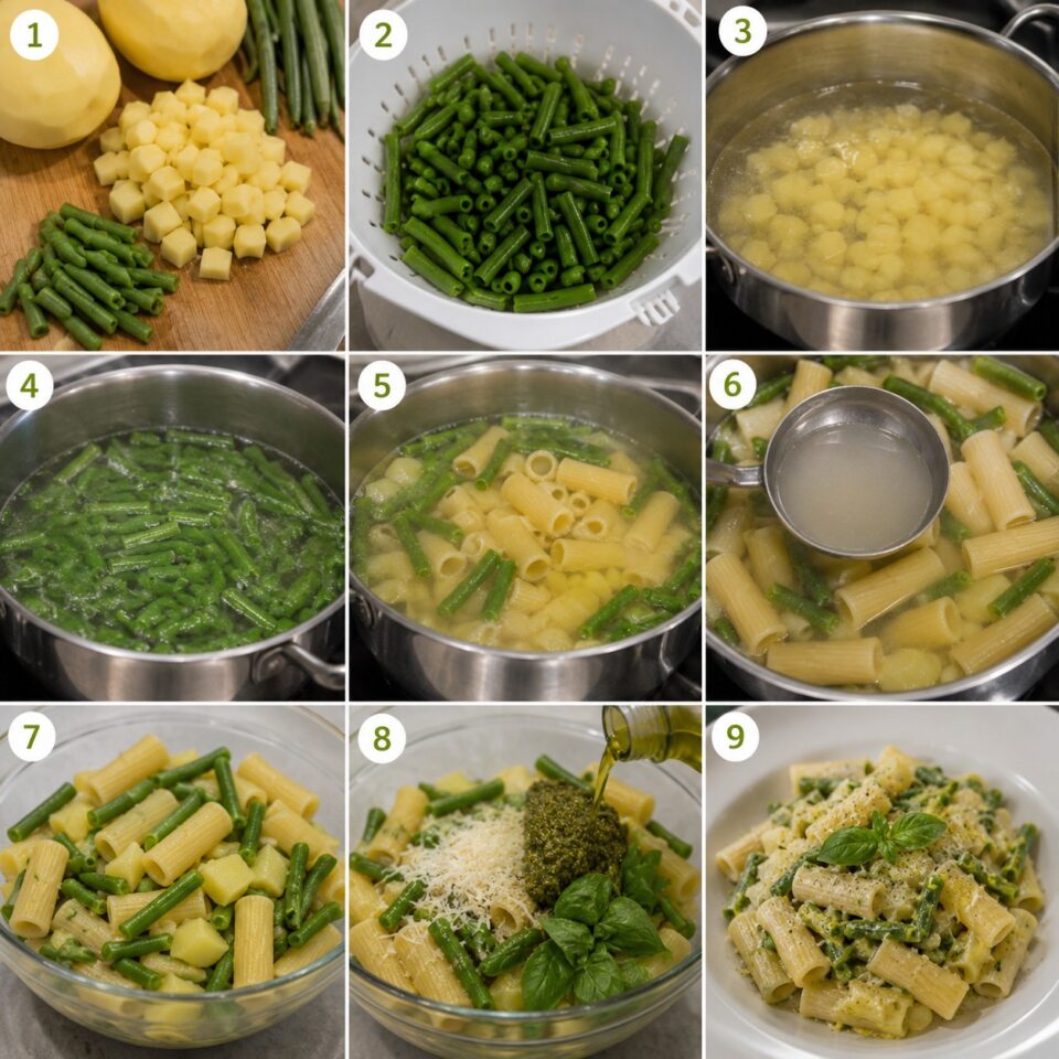 Procedimento passo passo dei tortiglioni alla ligure con patate e fagiolini.