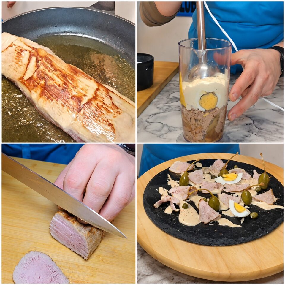 Collage con le fasi della preparazione del Vitello Tonnato: rosolatura del girello, preparazione della salsa tonnata, taglio della carne e impiattamento finale.