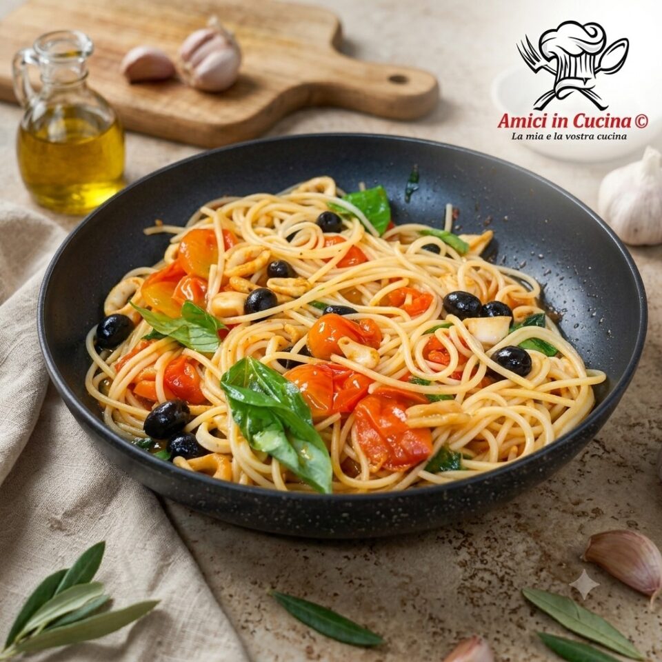 Spaghetti ai calamari con pomodorini freschi, prezzemolo e olio extravergine d'oliva.