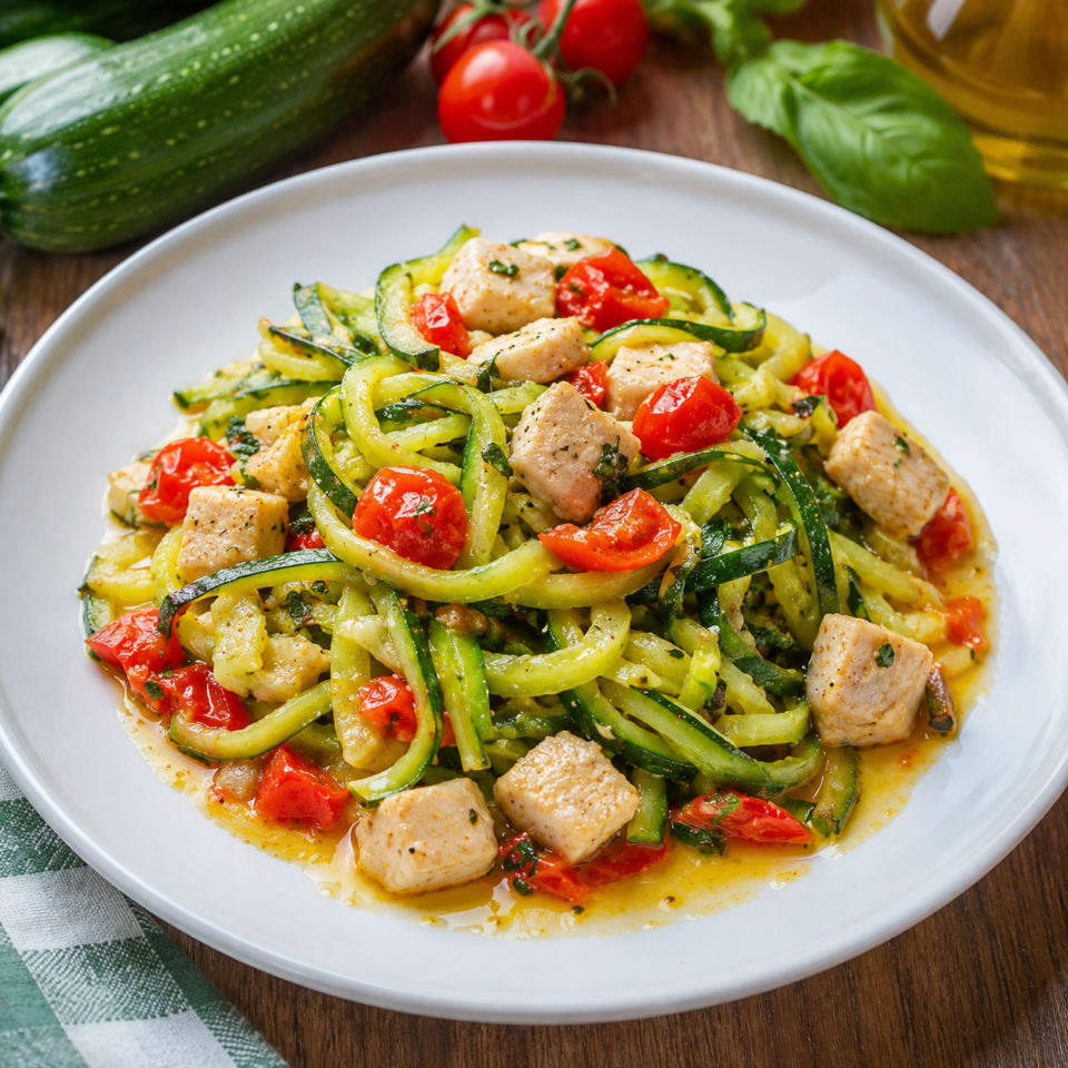 Tagliatelle di zucchine con pesce spada, pomodorini e basilico, ricetta estiva leggera e senza pasta pronta in pochi minuti.